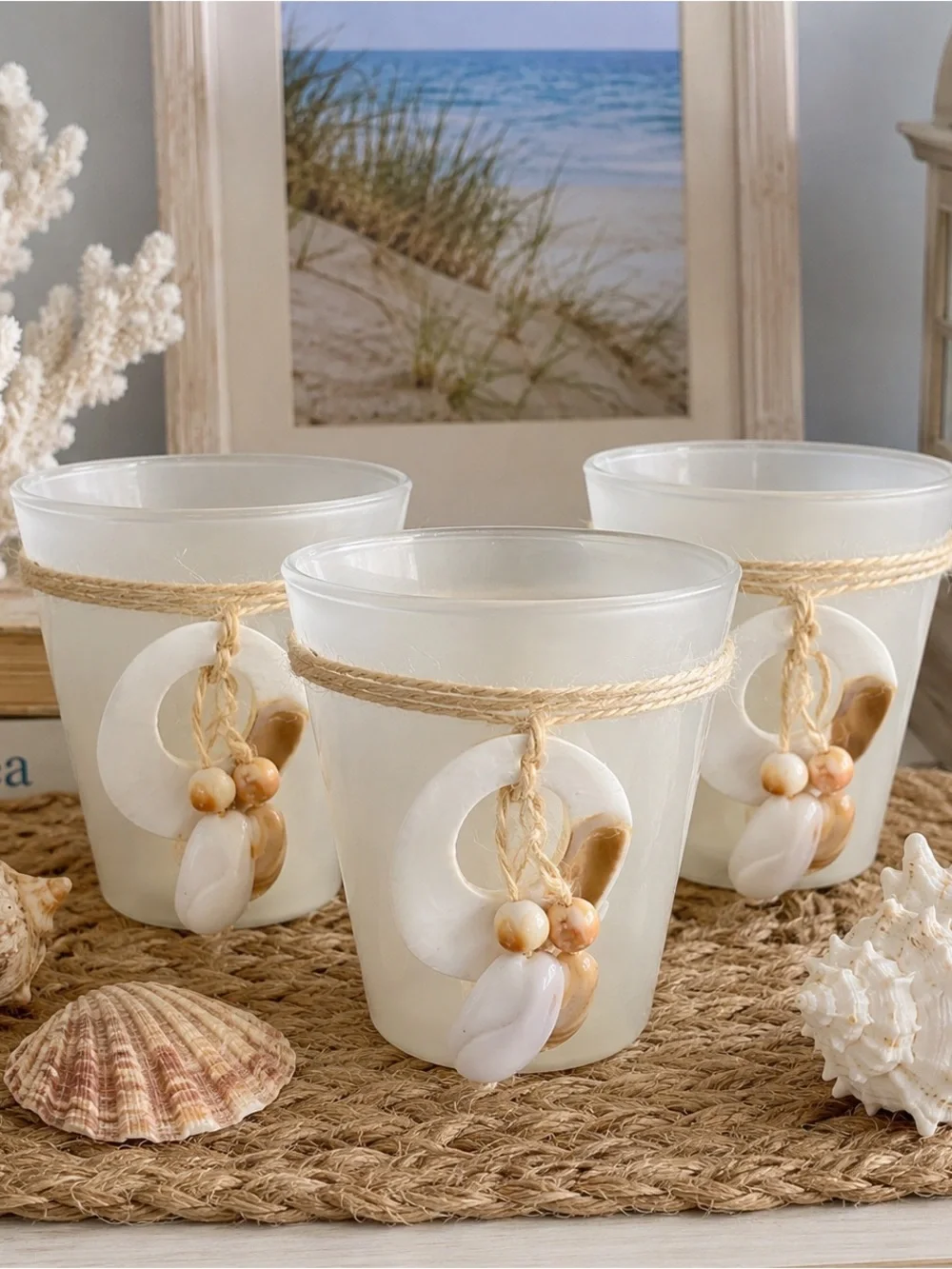 Set of 3 Beachcomber Ivory Glass Sea Shell Candle Holders Coastal Decor
